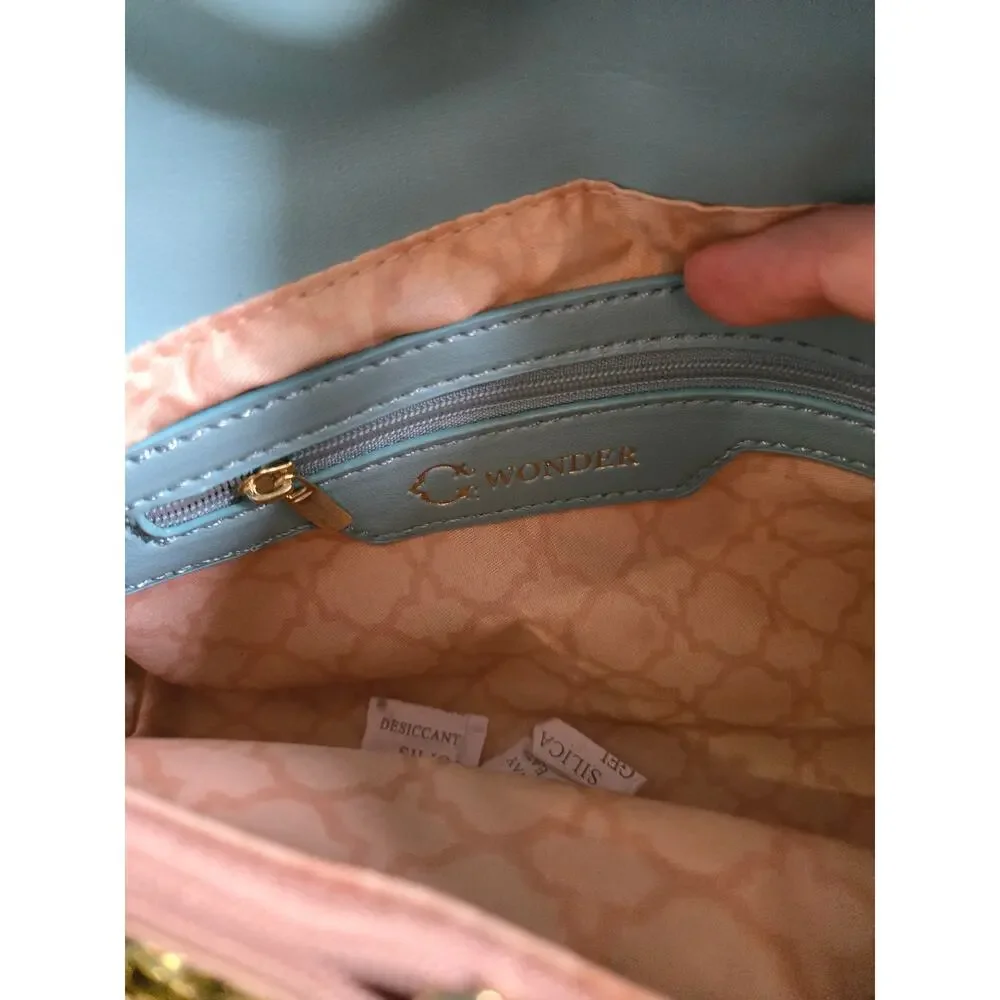C. Wonder Blue Quilted Isla Satchel Shoulder Bag Purse Chain Strap New